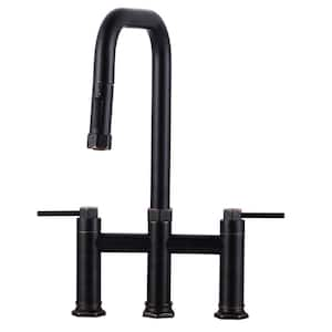 3 Holes Double Handle Brass Bridge Kitchen Faucet with Pull Down Sprayer and Supply Lines in Oil Rubbed Bronze