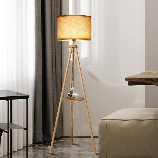 BICIK 63 in. Wood Color Dimmable Oak Tripod Floor Lamp with