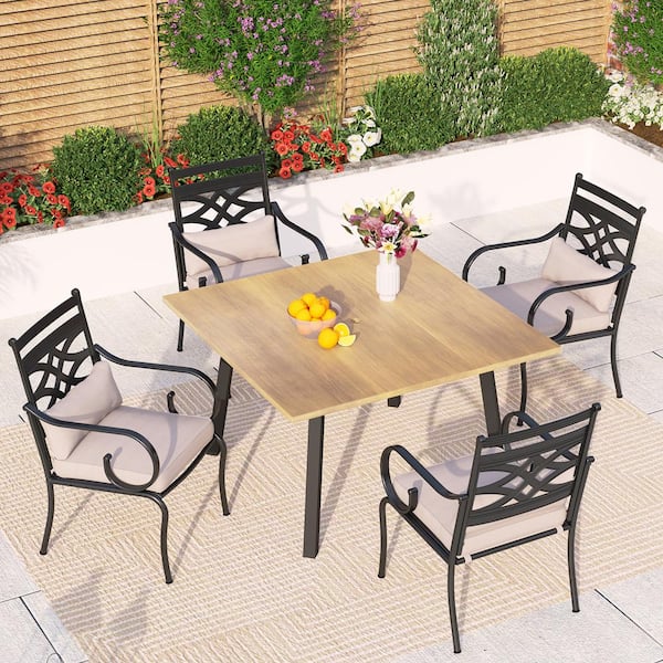 PHI VILLA 5-Piece Metal Patio Outdoor Dining Set with Square Brown Tabletop and Stationary Chair with Beige Cushions