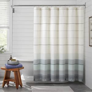 Blue and Ivory Stripe Shower Curtain with Tassels