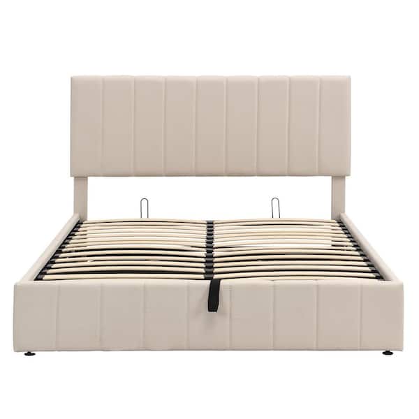 Unbranded 83 in. W Beige Linen Queen Size Wood Frame Platform Bed with a Hydraulic Storage System