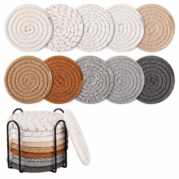 10 pcs Cotton Woven Drink Coaster Set with Holder, Absorbent Boho Style Coasters for Coffee Tables and Decor