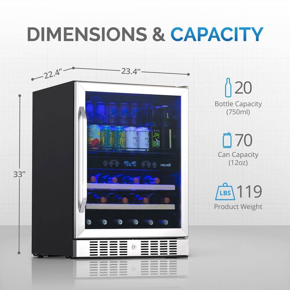 Stainless Steel Dual Zone 20-Bottle and 70-Can Beverage Refrigerator