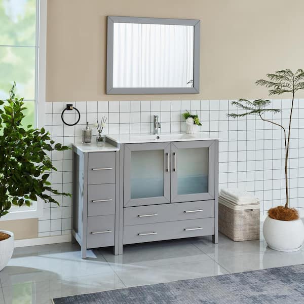 Brescia 48 in. W x 18 in. D x 36 in. H Bathroom Vanity in Grey with Single Basin Vanity Top in White Ceramic and Mirror