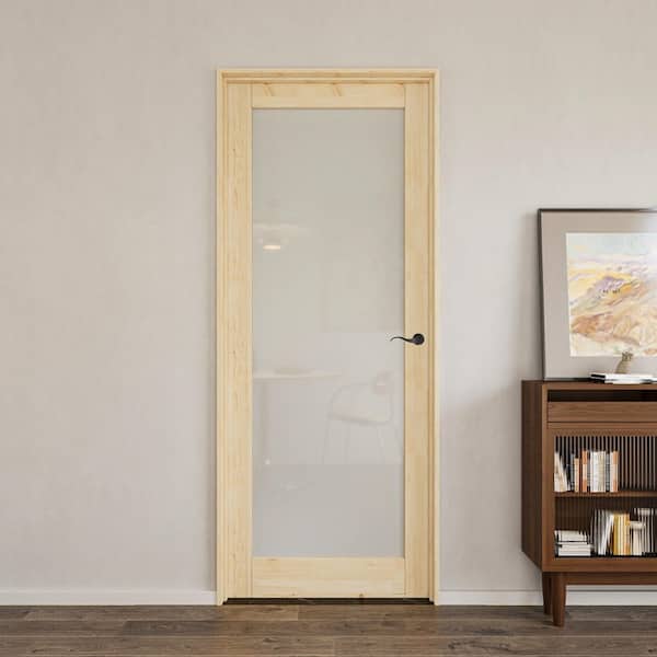 30 in. x 80 in. 1-Lite Frosted Glass Left UnFinished Pine Wood Single Interior Door with Quick Assemble Jamb