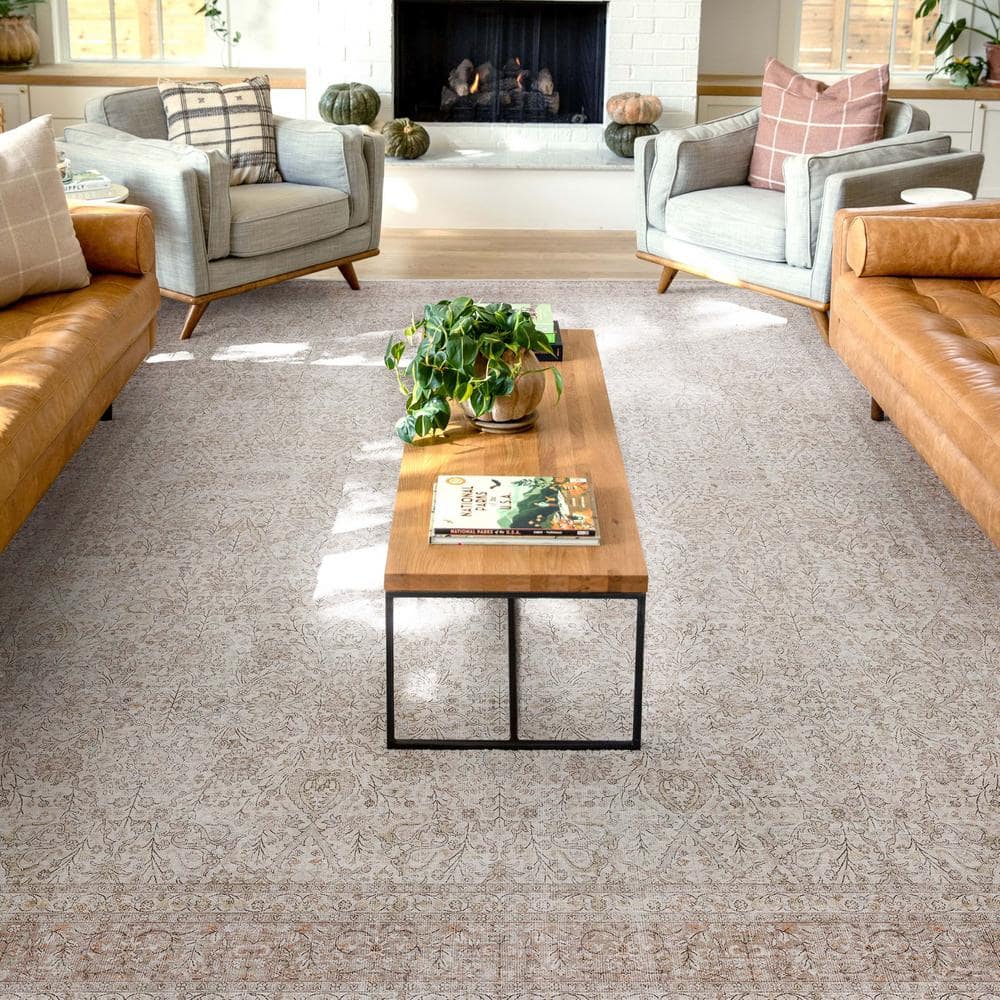 Beige Chenille Flat-Weave Vintage Oriental Area Rug 9'10" x 13'