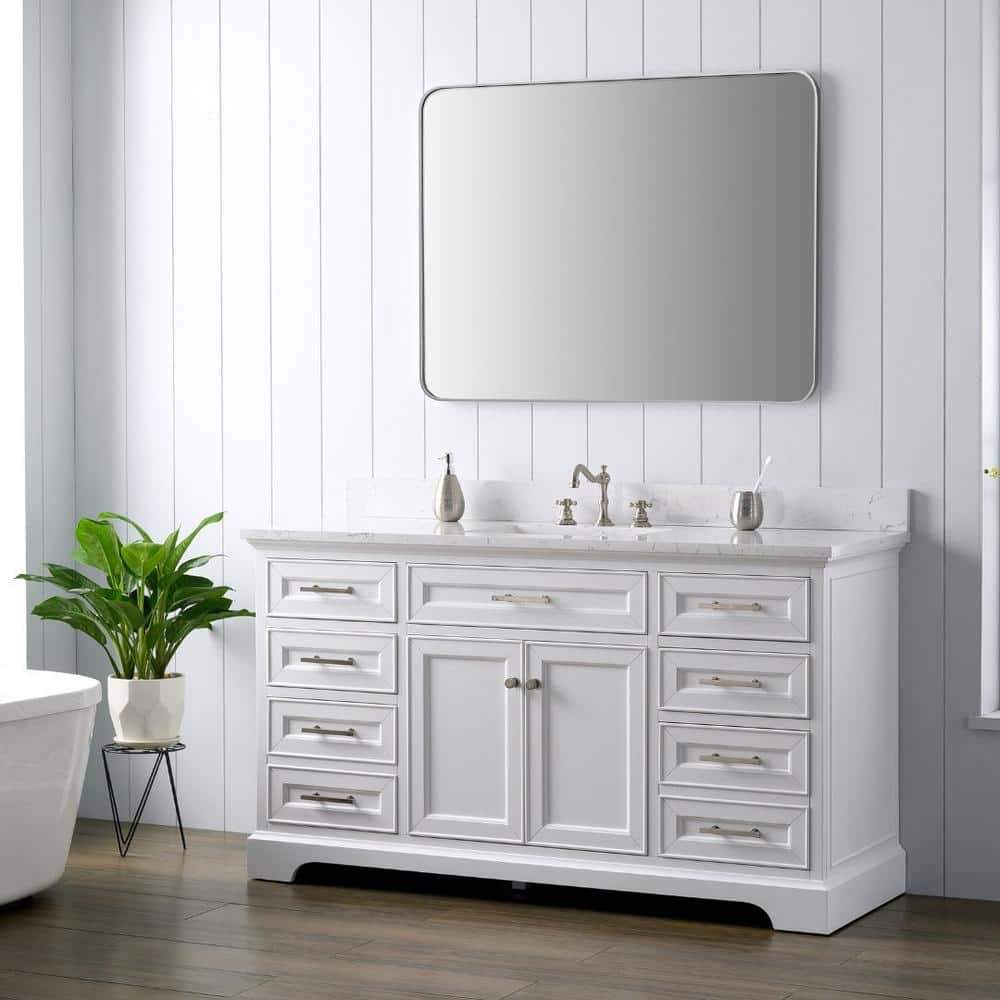 Thompson 60" White Solid Wood Single Bathroom Vanity with Engineered Stone Top