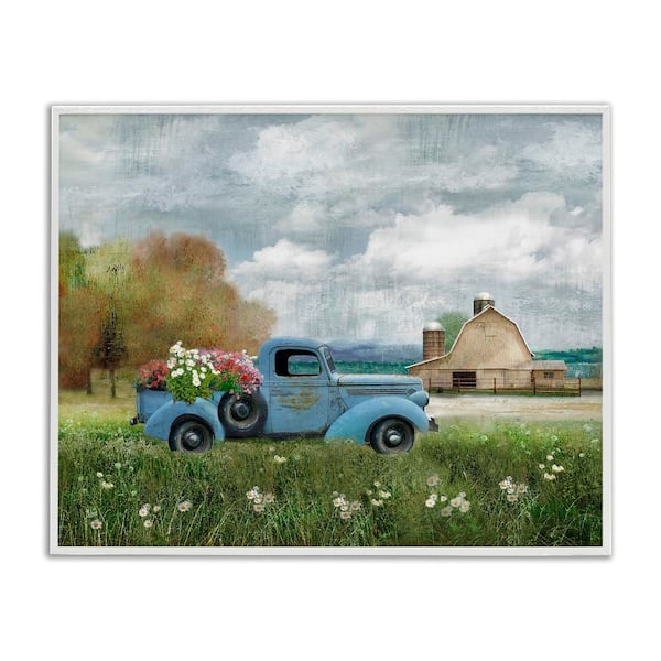 Stupell Industries Vintage Blue Truck in Meadow by Nan 1 Piece White Framed Nature Giclee Art Print 14 in. x 11 in.