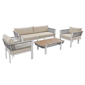 4-Piece Metal Patio Conversation Set Gray Rope with Coffee Table and Beige Cushions for Garden, Poolside and Backyard
