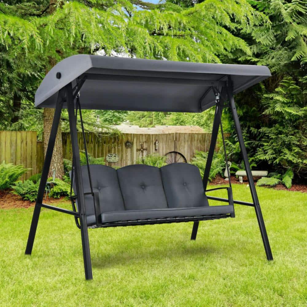 Gray Steel 3-Seat Outdoor Porch Swing with Adjustable Canopy