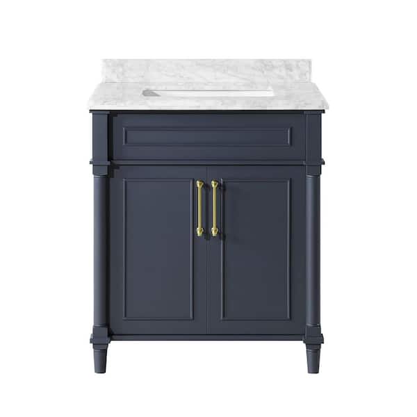 Aberdeen 30 in. Single Sink Midnight Blue Bath Vanity with Carrara Marble Top (Assembled)