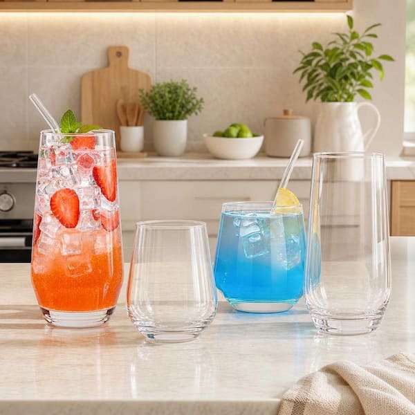 Wudkey Drinking Glasses Set of 8, Clear 13 oz. & 18 oz. Crystal Glass Cups, Highball Water Tumbler, Short Stemless Wine Glasses