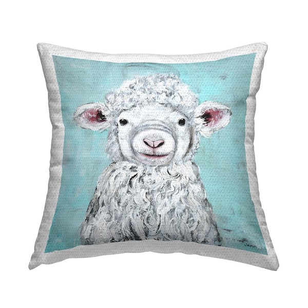 Stupell Industries Smiling Baby Sheep Animal Blue Square Outdoor Throw Pillow