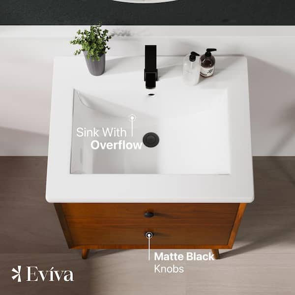 Eviva Caramel 24 in. W x 18 in. D x 34 in. H Single Sink Bath Vanity in Teak with White Porcelain Integrated Vanity Top