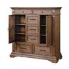 Walnut wood door chest with open shelving and drawers.