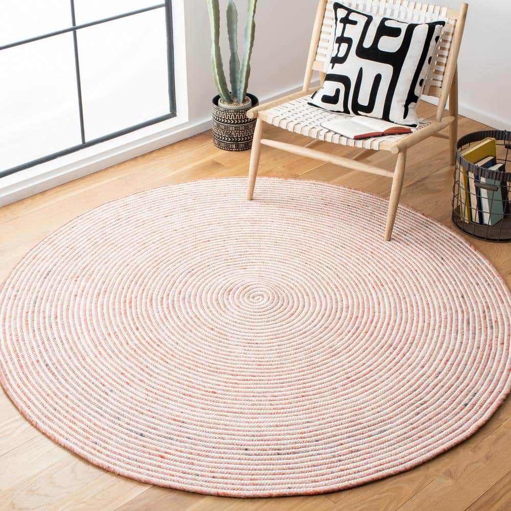 Handwoven Red and Ivory Wool Round Braided Area Rug, 3' x 3'