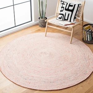 Braided Red Ivory Doormat 3 ft. x 3 ft. Abstract Striped Round Area Rug