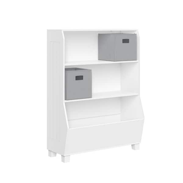 RiverRidge Home 34 in. Wide White Kids Playroom Bookshelf with Veggie Bin Organizer, 2-Open Toy Storage Shelves and 2-Gray Fabric Bins