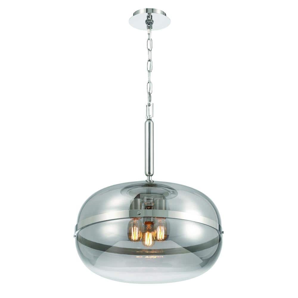 Polished Nickel 3-Light Pendant with Smoke Glass Shade