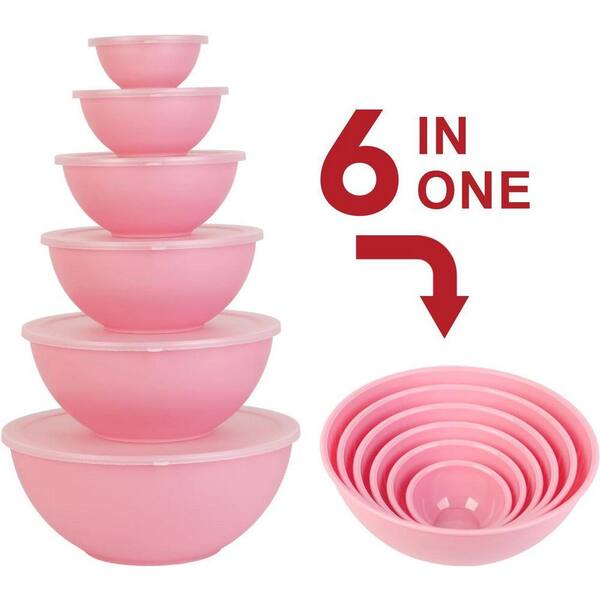 UUDULY 12 Piece Pink Plastic Mixing Bowl Set with Lids, Nesting