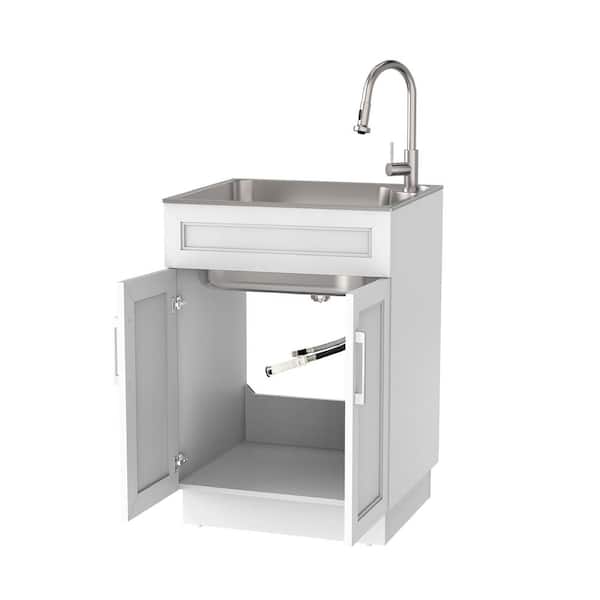 24 in. Drop-In Stainless Steel Laundry Sink with Assembled Cabinet in White with Faucet