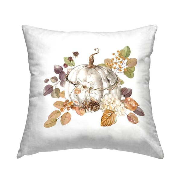 Pumpkin and Florals on White Multi-Color Print Polyester 18in. X 18in. Throw Pillow