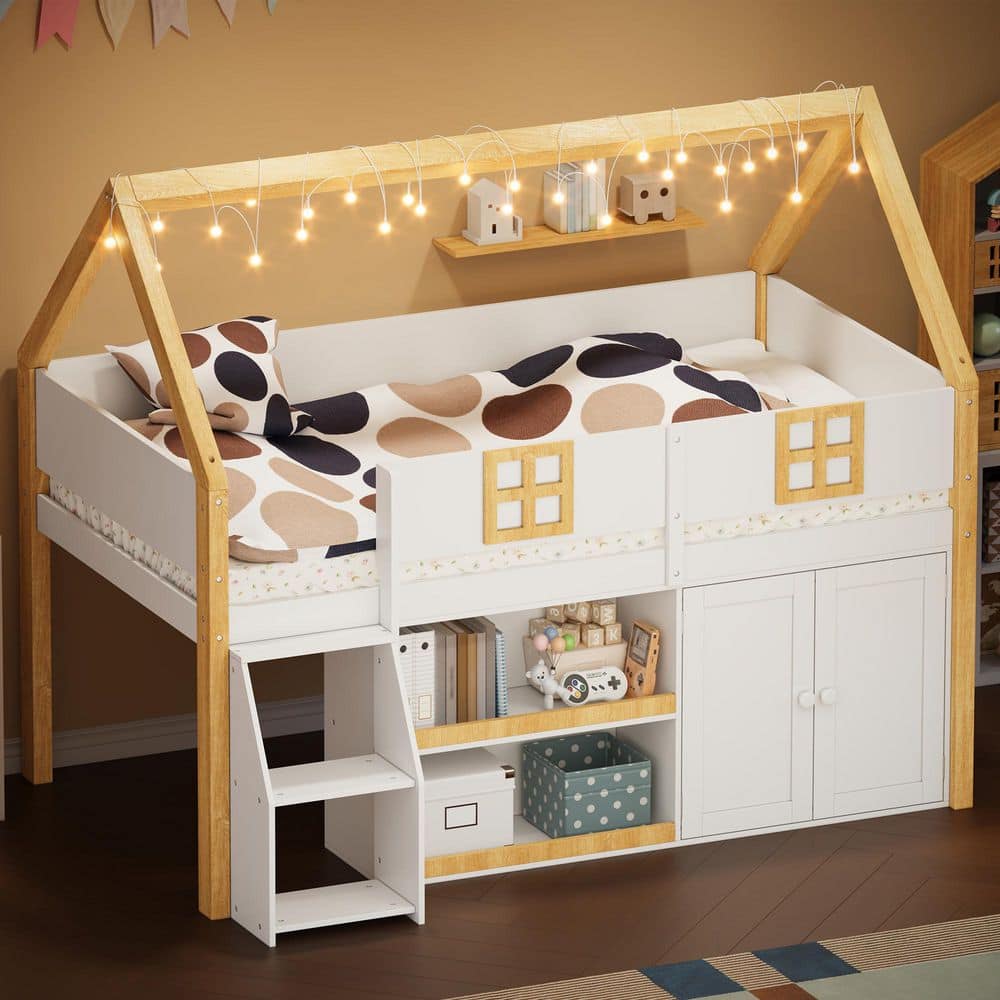 White Twin House Low Loft Bed with LED Lights, Roof and Windows Design, Under-Bed Shelves and Cabinet, 2-Step Staircase price history on PriceWatchPro