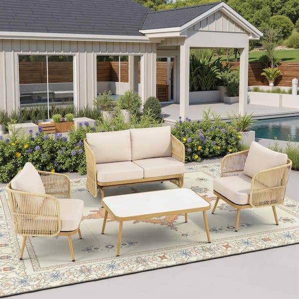 Buenaola Nyajiah 4-Piece Wicker Patio Conversation Set Outdoor Rope Glider Loveseat Set with Beige Cushions