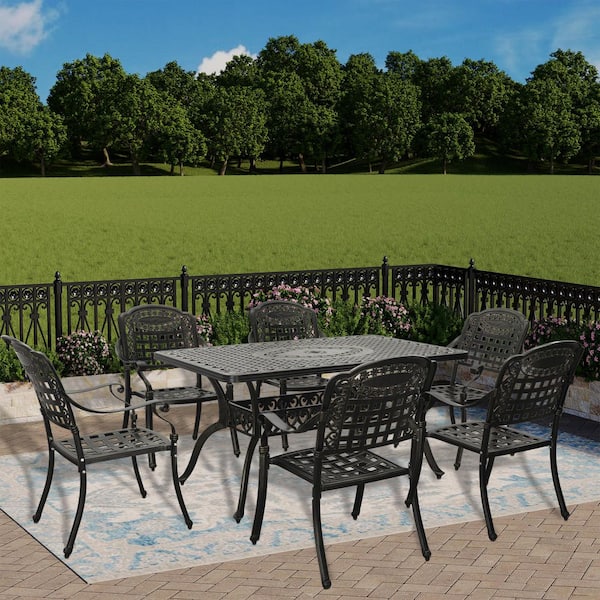 Boyel Living 7-Piece Cast Aluminum Outdoor Serving Dining Set in Bronze(1-Table and 6-Petals Backrest Chairs)