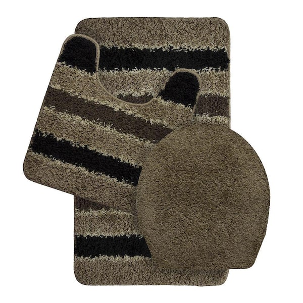 Bath Frieze Deliso Olefin Stripe Non-Slip Linen 3-Piece Bath Rug Set