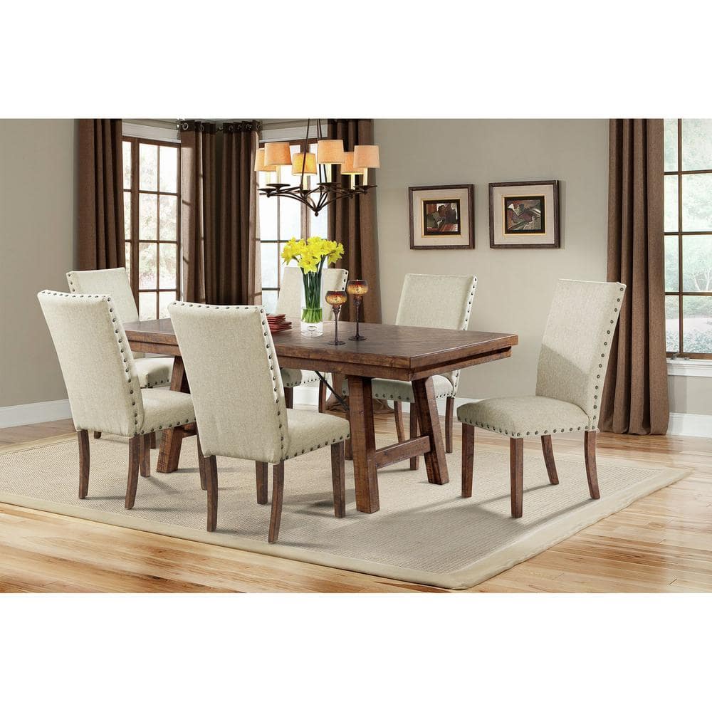 Smokey Walnut 78" Extendable Dining Set with 6 Cream Upholstered Chairs
