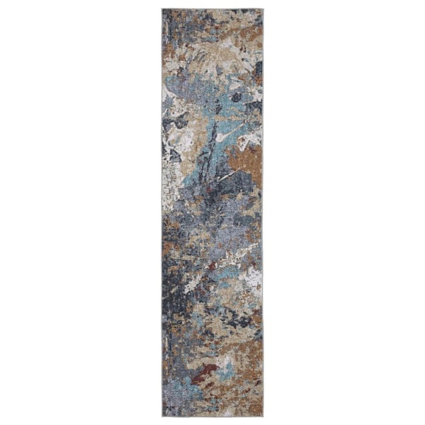 2 X 8 Blue, Rust Abstract Washable Area Rug Runner Rug