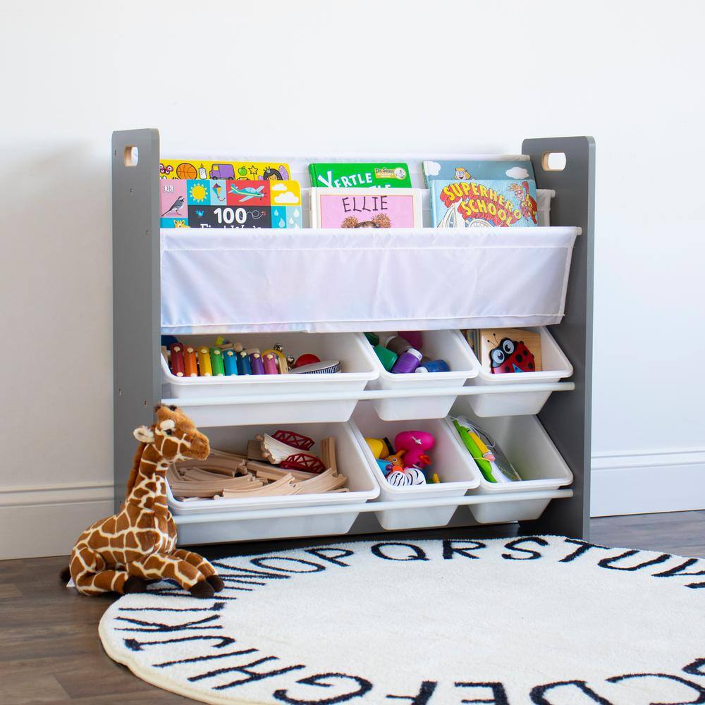 Gray and White 4-Tier Kids' Storage Organizer with Bookrack