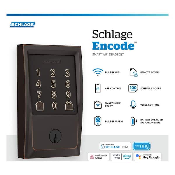 Century Aged Bronze Encode Smart Wi-Fi Deadbolt with Alarm and Century Handleset and Latitude Handle