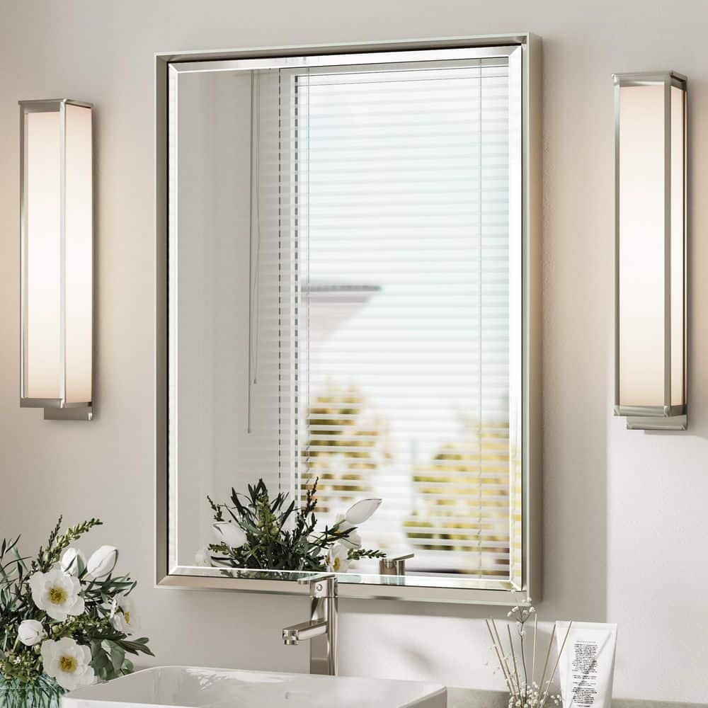 22 in. W x 30 in. H Aluminum Beveled Edge Rectangular Framed Bathroom Vanity Wall Mount Mirror in Brushed Nickel price history on PriceWatchPro