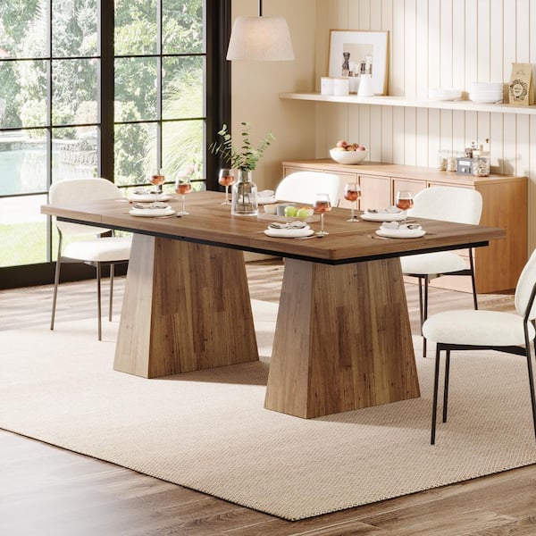 Brown Engineered Wood 63 in. Pedestal Dining Table (Seats 4), Wood Dinner Table for Kitchen and Dining Room