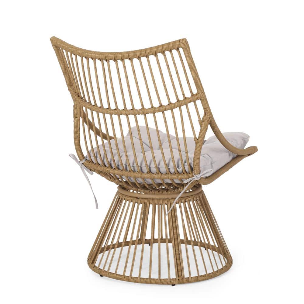 Light Brown Wicker Chair and Round Side Table Set with Weatherproof Cushion