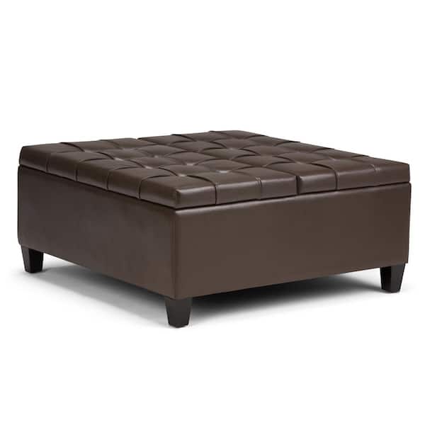 Simpli Home Harrison 36 in. Wide Transitional Square Coffee Table Storage Ottoman in Chocolate Brown Vegan Faux Leather, Assembled