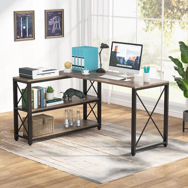 BYBLIGHT Capen 53 in. L-Shaped Gray Engineered Wood Computer Desk Reversible Corner Office Desk with Storage Shelves