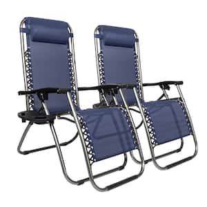 Outdoor Black 2-Pieces Zero Gravity Steel Textiliene Recliner Lounge Chair in Blue