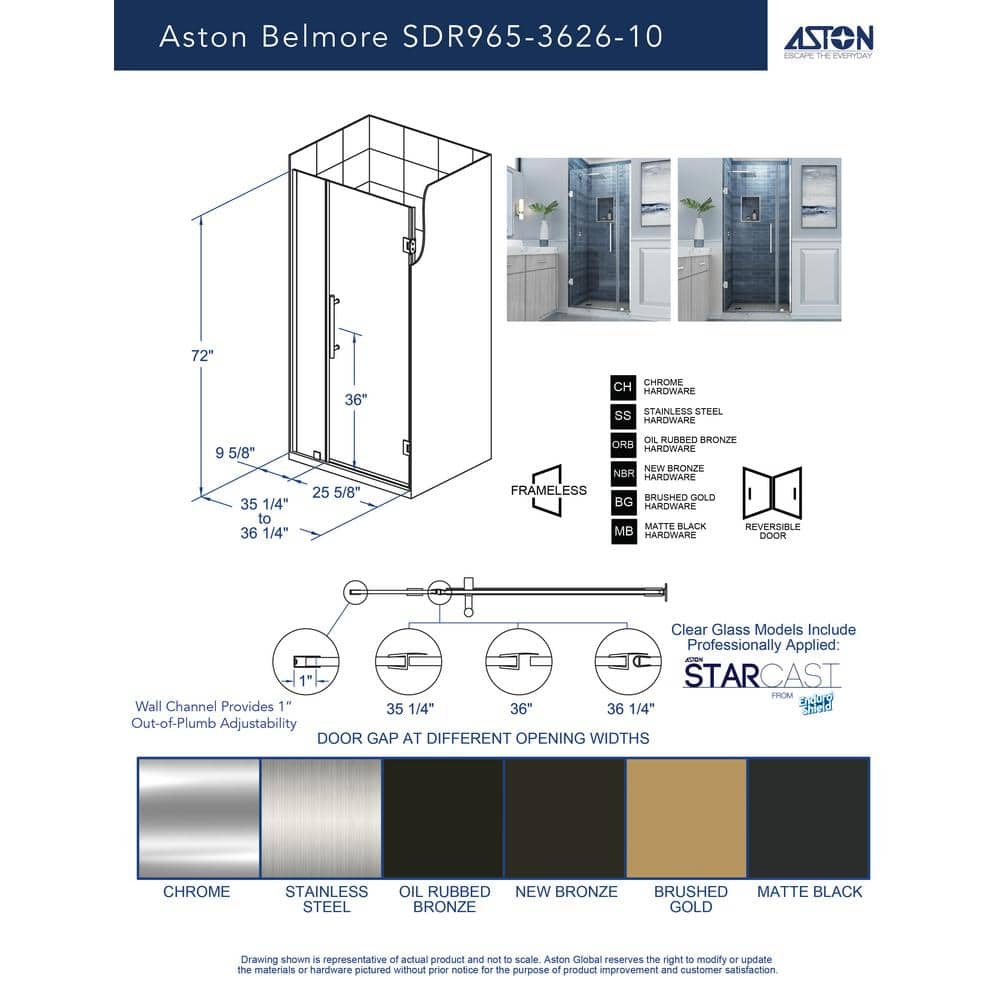 Belmore 36 x 72 Matte Black Frameless Hinged Shower Door