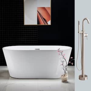 Pamplona 59 in. Acrylic FlatBottom Double Ended Bathtub in White with Tub Filler and Brushed Nickel Overflow and Drain