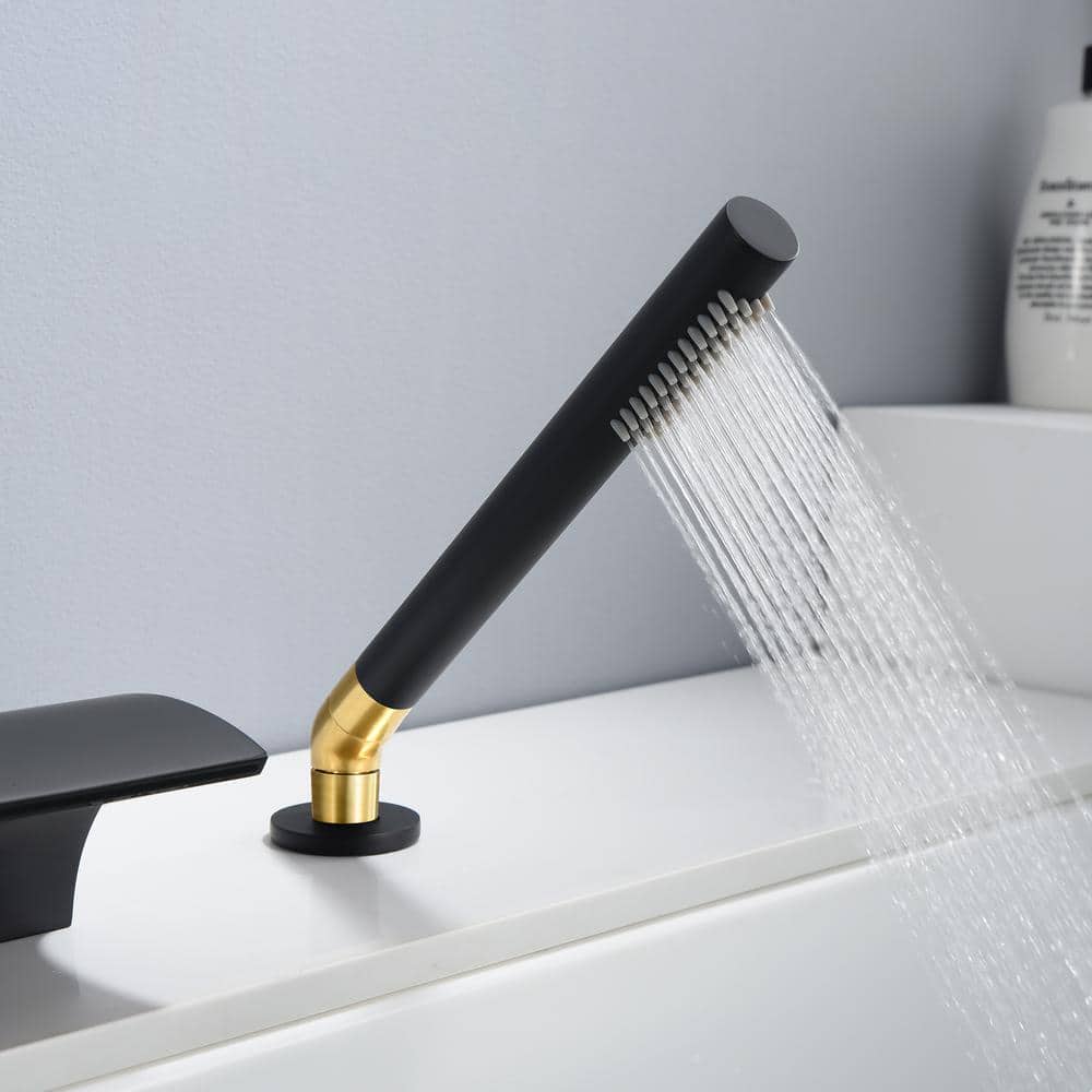 Black and Gold Stainless Steel Waterfall Tub Faucet with Hand Shower