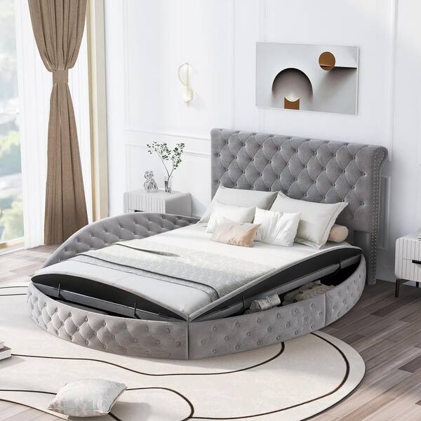 Upholstered Platform Bed, Round Bed Frame Queen