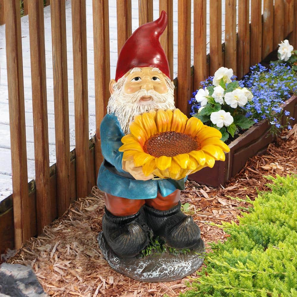 Colorful Resin Garden Gnome with Sunflower Bird Feeder