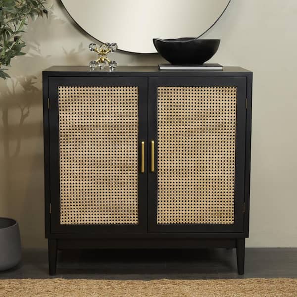 Black Cane & Chabine dorée Litton Lane Black Wood 1 Shelf and 2 Door Storage Cabinet with