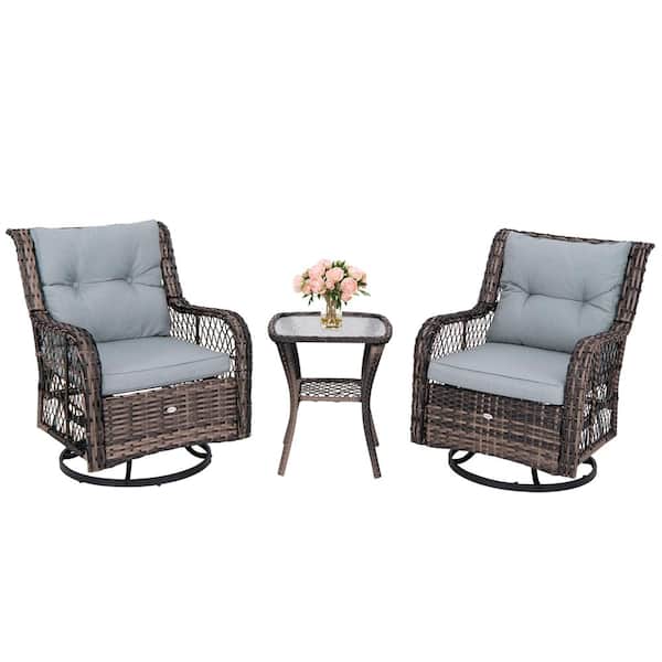 Costway Brown 3-Piece Metal Patio Conversation Set with Glass Top Side Table in Gray Cushion