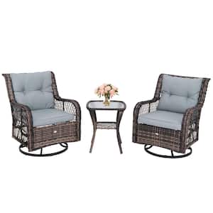 Brown 3-Piece Metal Patio Conversation Set with Glass Top Side Table in Gray Cushion