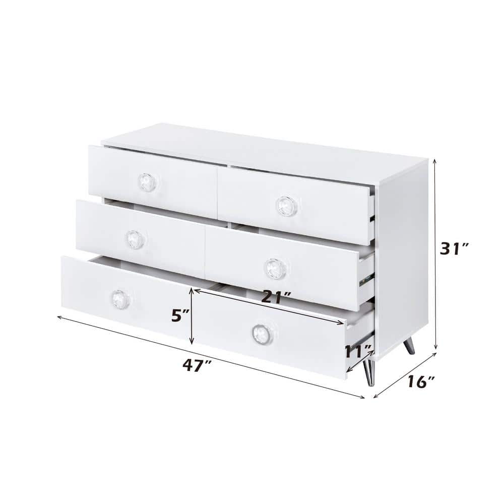 Perse White 6-Drawer Modern Dresser with Chrome Accents