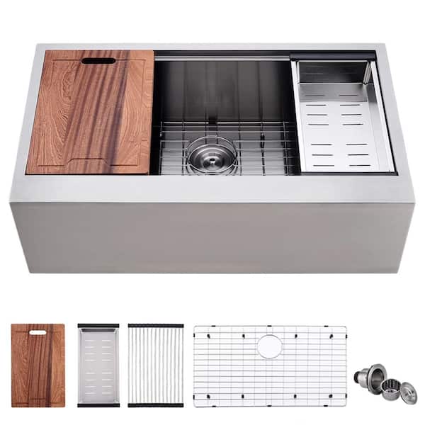 33 in. Apron Front Single Bowl 16 Gauge Flat Farmhouse Workstation Kitchen Sink, Stainless Steel